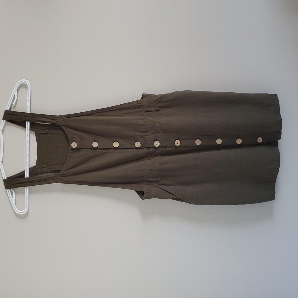 Garage Olive Green Linen Blend Overalls Mini Dress Sz M Casual Femine Cute Girly